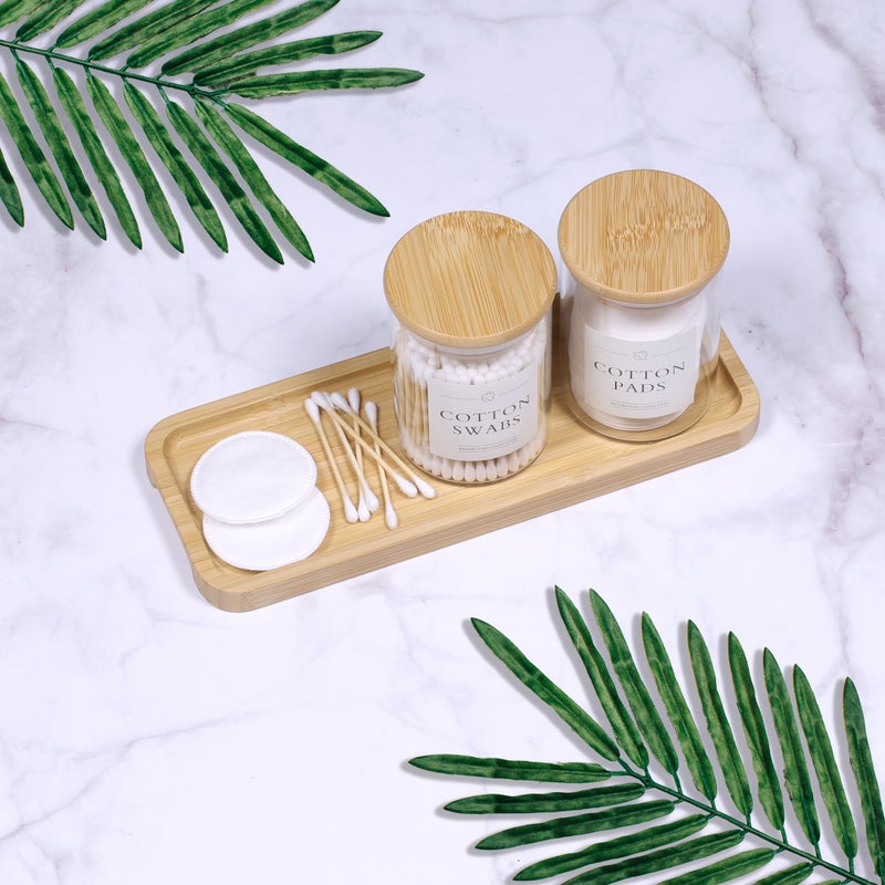 INIUNIK Qtip Holder with Vanity Tray - 3 Pack Glass Apothecary Jars with Lids  Cotton Ball Swab Pad Floss Pick Holder  Bathroom Organizers Jars Containers Canisters Accessories Set - Image 4